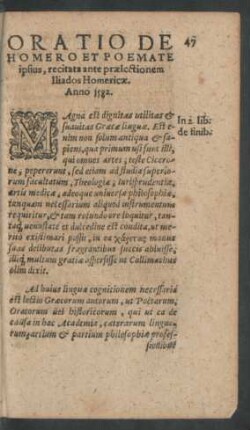 Oratio De Homero Et Poemate ipsius ... Anno 1582.
