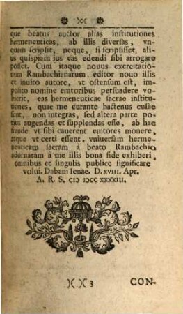 Jo. Jacobi Rambachii Theol. Doctoris Et Professoris Primarii In Academia Giessensi Institutiones Hermeneuticae Sacrae : Variis Observationibus Copiosissimisque Exemplis Biblicis Illustratae, [1]