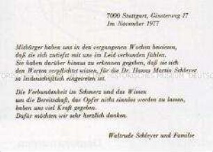 Dankschreiben für die Anteilnahme am Tod von Dr. Hanns Martin Schleyer