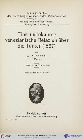 Eine unbekannte venezianische Relazion über die Türkei (1567)