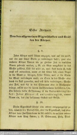 Erster Abschnitt. Von den allgemeinen Eigenschaften und Kräften der Körper
