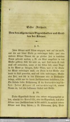 Erster Abschnitt. Von den allgemeinen Eigenschaften und Kräften der Körper