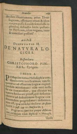 Disputatio II. De Natura Logices. Respondente Christophoro Pinkes