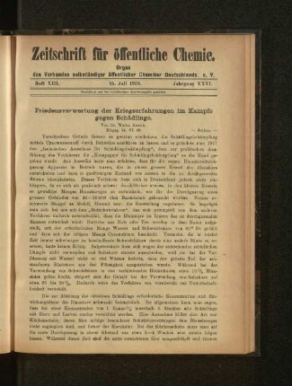 Friedensverwertung der Kriegserfahrungen im Kampfe gegen Schädlinge.