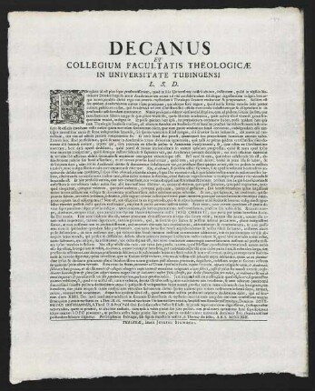 Decanus Et Collegium Facultatis Theologicae In Universitate Tubingensi L. S. D.