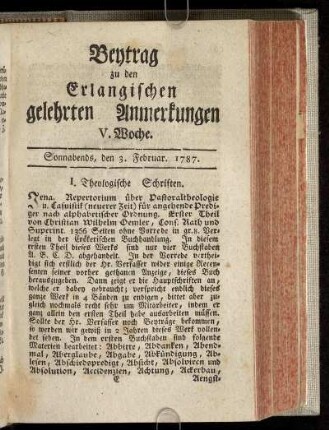 V. Woche. Sonnabends, den 3. Februar. 1787.