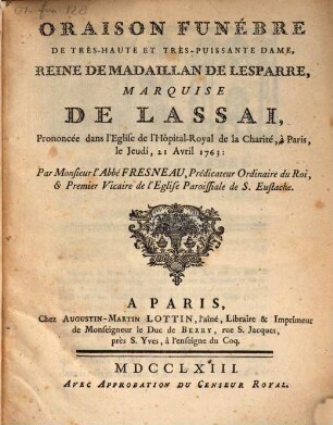 Oraison funèbre ... de marquise de Lassai ... 1763