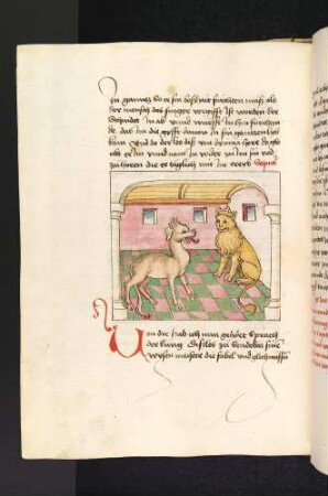 Dimna vor dem Löwen; (Kapitel II: Von dem Löwen und dem Ochsen)