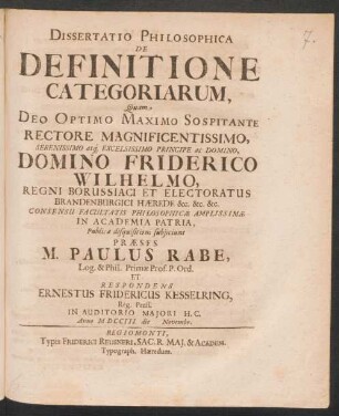 Dissertatio Philosophica De Definitione Categoriarum