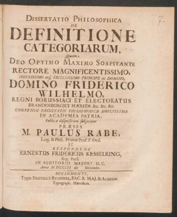 Dissertatio Philosophica De Definitione Categoriarum