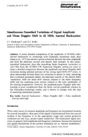 Simultaneous smoothed variations of signal amplitude and mean doppler shift in 42 MHz auroral backscatter