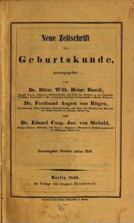 Neue Zeitschrift für Geburtskunde. 20,1. 1846