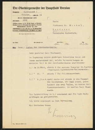 Jahrhunderthalle, Breslau Akustikgutachten: Brief von Konwiarz an Michel und Antwortschreiben (zweiseitig)