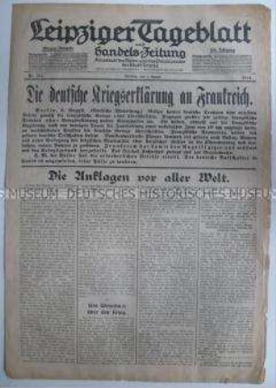 Lokale Tageszeitung "Leipziger Tageblatt" zur Kriegserklärung Deutschands an Frankreich