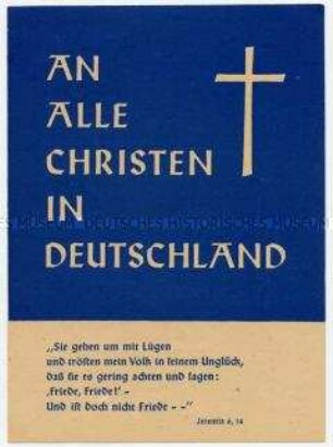 Wahlagitation des Deutschen Friedenskomitees mit Aufruf von Pfarrern an Kollegen und Christen und Bibelzitat zur Volksbefragung für Friedensvertrag, gegen Remilitarisierung