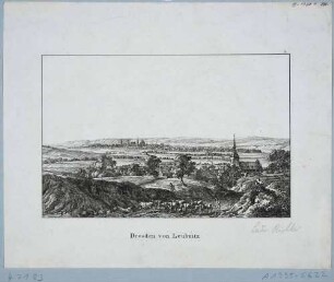 Blick von Leubnitz (Dresden-Leubnitz-Neuostra) über die Felder nach Dresden, aus Richters 30 Mahlerischen An- und Aussichten von Dresden ...