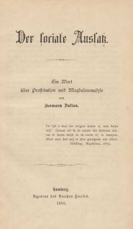 Der sociale Aussatz : ein Wort über Prostitution und Magdalenenasyle