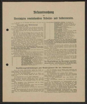 Neuwahl zum Arbeiterrat Groß-Dresden, "Bekanntmachung des Vereinigten revolutionären Arbeiter- und Soldatenrates", Vereinigter revolutionäre Arbeiter- und Soldatenrat Groß-Dresden, 23x19 cm