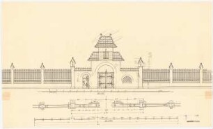 Kranken- und Siechenhaus, Brüssow Gültiger Ausführungsentwurf. Zaun und Einfahrtstor: Zaun und Einfahrtstor für die Vorderansicht, Ansicht 1:50, Grundriss 1:200