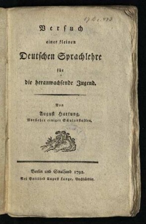 Versuch einer kleinen Deutschen Sprachlehre für die heranwachsende Jugend