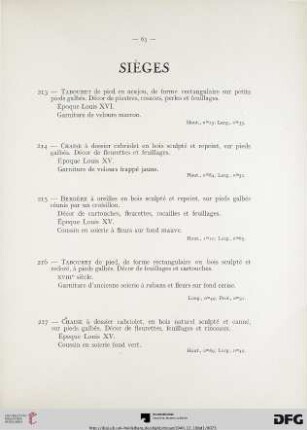 Sièges (Nr. 213-242) avec planche IX-X
