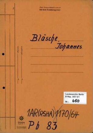 Personenheft Johannes Bläsche (*20.05.1901), Regierungssekretär