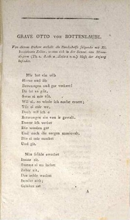 Beyträge zur Kenntniss der altdeutschen Sprache und Litteratur, 1,1. Erster Band. Theil I. Minnelieder : Ergänzung der Sammlung von Minnesingern