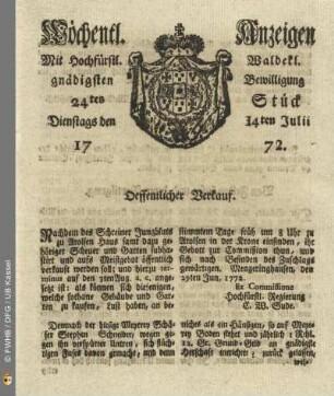 24tes Stueck, Dienstags den 14ten Julii 1772