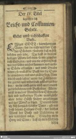Der IV. Titel begreifft in sich Beicht- und Com[m]union-Gebete