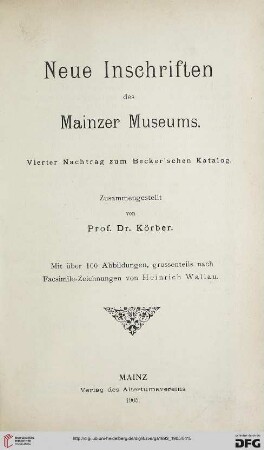 4: Neue Inschriften des Mainzer Museums : vierter Nachtrag zum Becker´schen Katalog