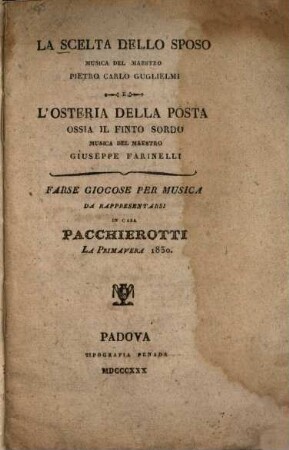La scelta dello sposo : Farse giocose per musica