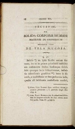 Sectio III. De Solida Corporis Humani Materie in universum speciatim vero De Tela Mucosa