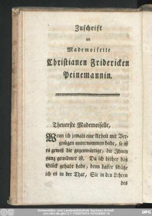 Zuschrift an Mademoiselle Christianen Fridericken Peinemannin.