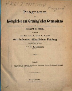 Programm des Königlichen und Gröning'schen Gymnasiums zu Stargard in Pommern, 1872/73