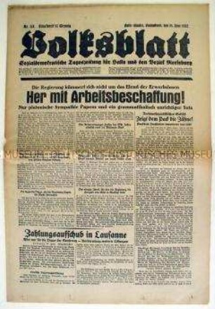 Sozialdemokratische Tageszeitung "Volksblatt" u.a. zur Arbeitslosigkeit