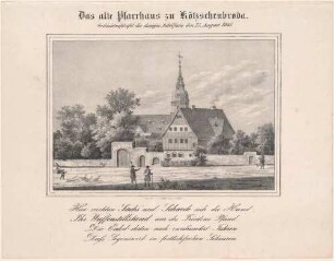 Pfarrhaus und Friedenskirche in Kötzschenbroda (Radebeul) vom Dorfanger von Norden gesehen, Gedenkblatt anlässlich des 200-jährigen Jubiläums des Waffenstillstandes vom 27. August 1645, der den 30-jährigen Krieg für Sachsen beendete