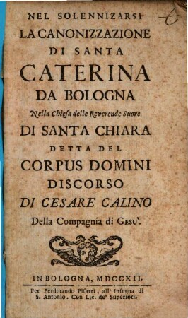 Nel Solennizarsi la Cannonizzazione di Santa Caterina ... discorso