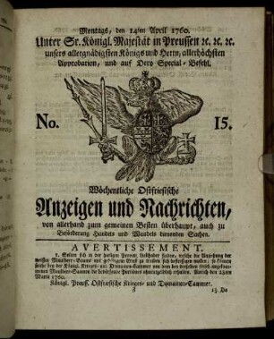 No. 15. Montags, den 14ten April 1760.