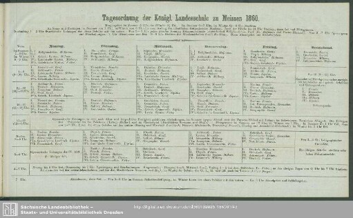 Tagesordnung der Königl. Landesschule zu Meissen 1860