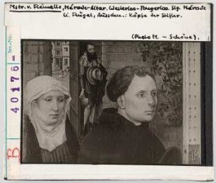 Meister von Flémalle: Mérode-Altar, linker Flügel, Stifterpaar, Detail