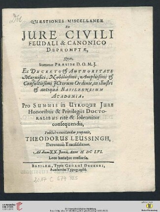 Quaestiones Miscellaneae Ex Iure Civili Feudali & Canonico Depromptae