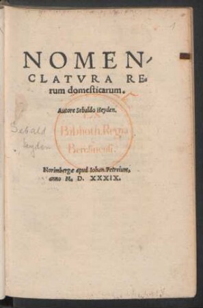 NOMEN-||CLATVRA RE=||rum domesticarum.|| Autore Sebaldo Heyden.||
