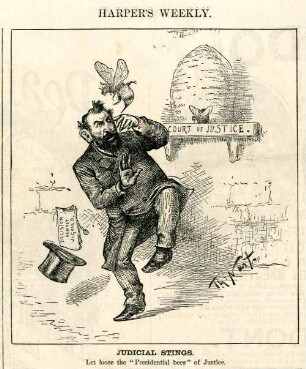 Judical stings. Let loose the "Presidential bees" of Justice : eine Biene sticht Jay Gould in die Nase
