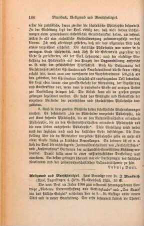 106-107 [Rezension] Mausbach, Joseph, Weltgrund und Menschheitsziel