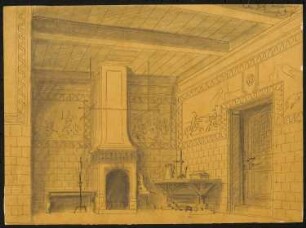 Architekturstudie: Perspektivische Ansicht eines Palastraums mit Kamin und angedeuteter Wandmalerei