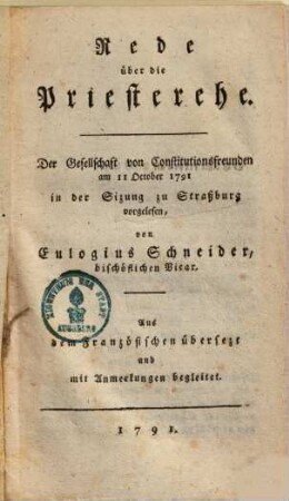 Rede über die Priesterehe : der Gesellschaft von Constitutionsfreunden ... vorgelesen ...