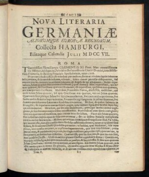 Nova Literaria Germaniæ Aliorumque Europæ Regnorum, Collecta Hamburgi, Editaque Calendis Julii MDCCVII.