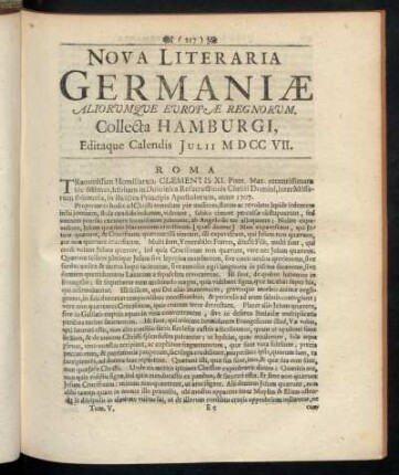 Nova Literaria Germaniæ Aliorumque Europæ Regnorum, Collecta Hamburgi, Editaque Calendis Julii MDCCVII.