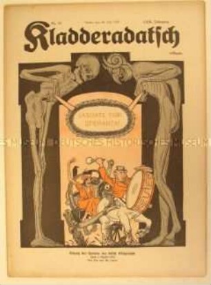 Satirezeitschrift "Kladderadatsch" zum Beginn des dritten Kriegsjahres (Titelkarikatur)