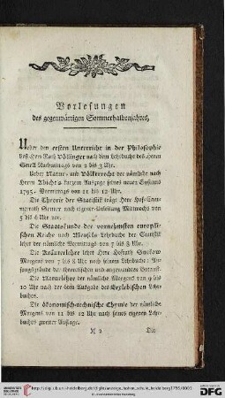 Vorlesungen des gegenwärtigen Sommerhalbenjahres